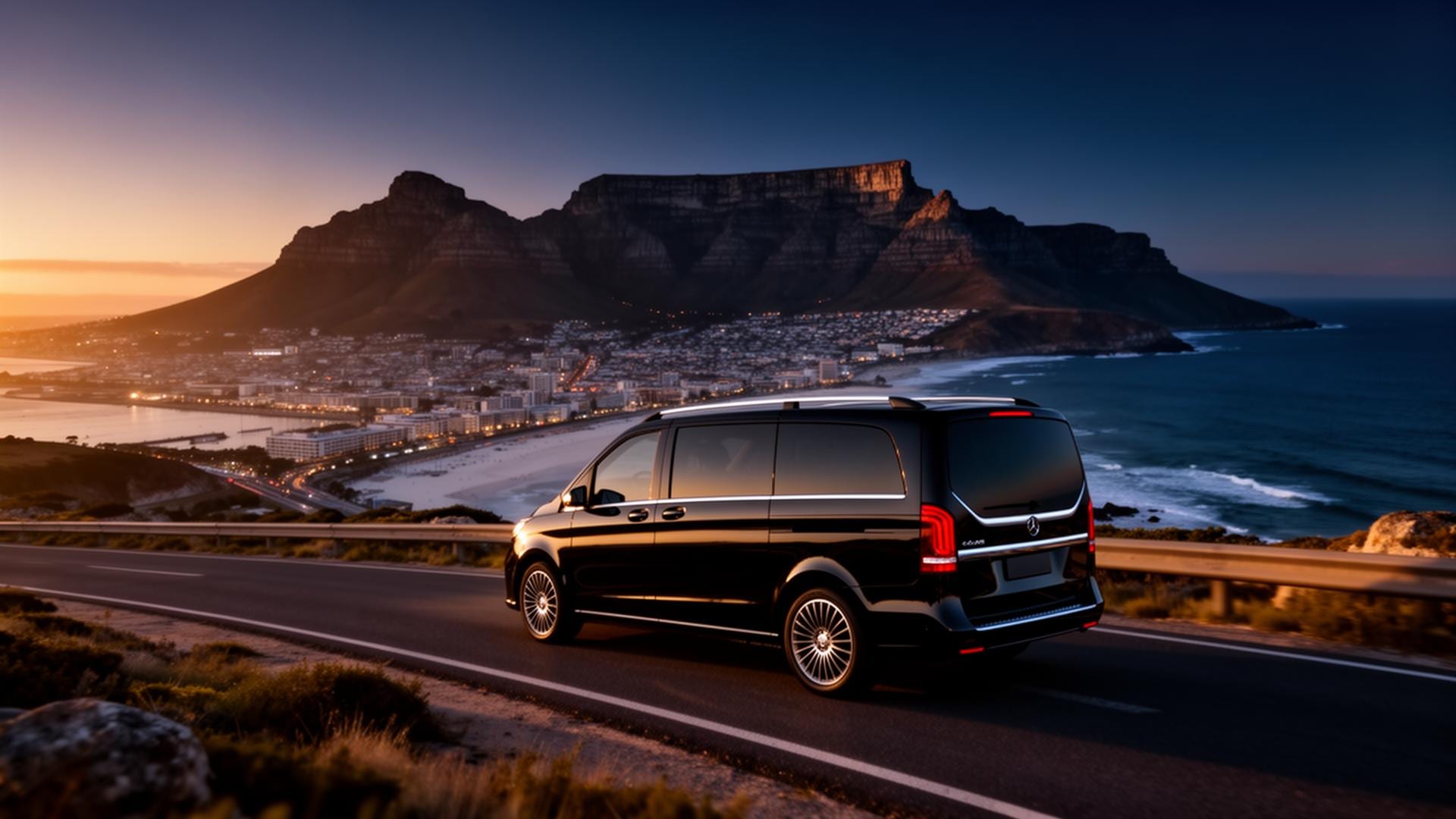 Black shuttle van on the coastal road with Table Mountain at sunset